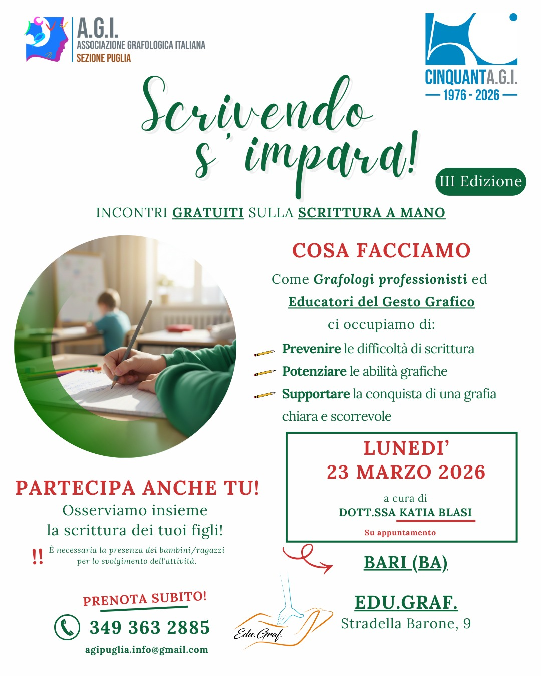 Incontri gratuiti sulla scrittura a mano a Bari – Scrivendo s’impara 23 marzo 2026