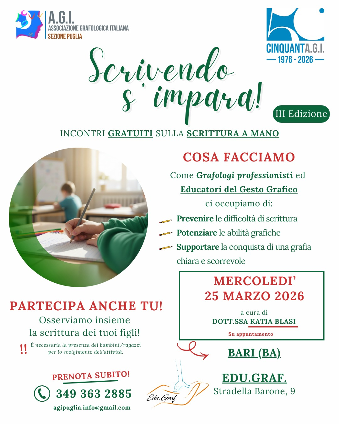 Incontri gratuiti sulla scrittura a mano a Bari – Scrivendo s’impara 25 marzo 2026